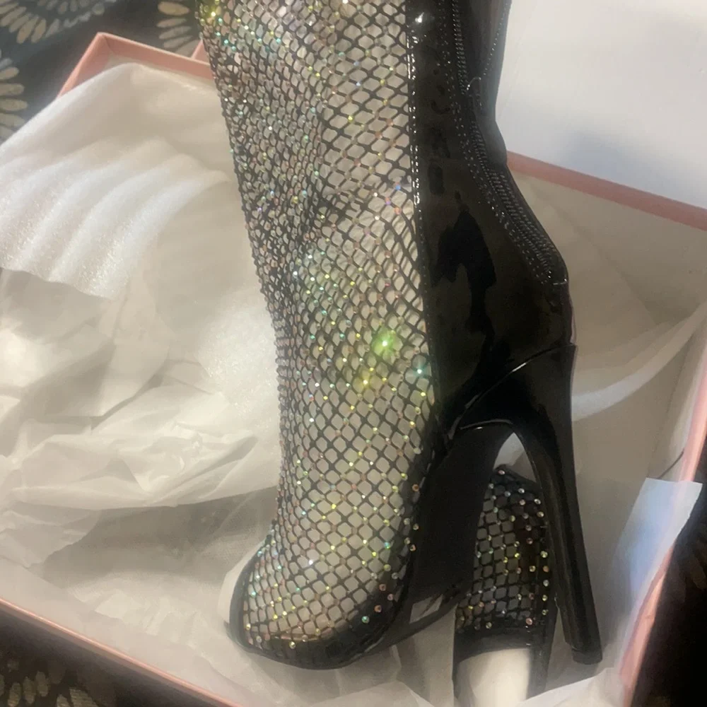 Fishnet Rhinestone Knee Boots - Picture 9 of 9